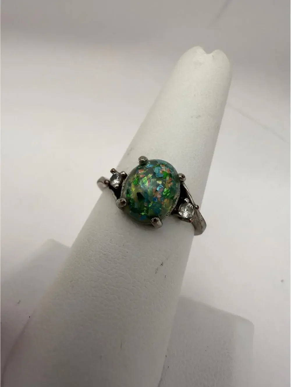 Silver Ring with Multicolor Opal-like Stone and Side Accents Size 7